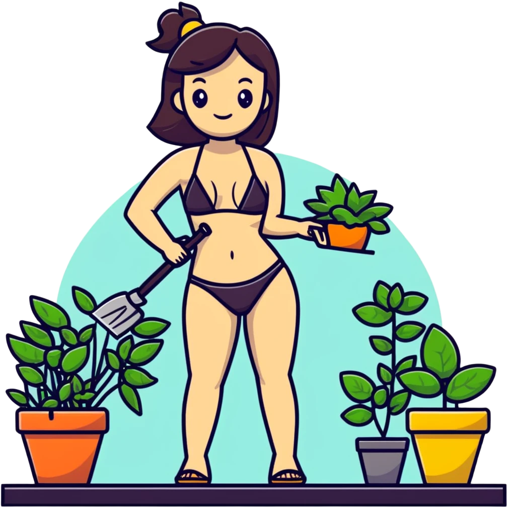 woman in bikini gardening with plants emoji
