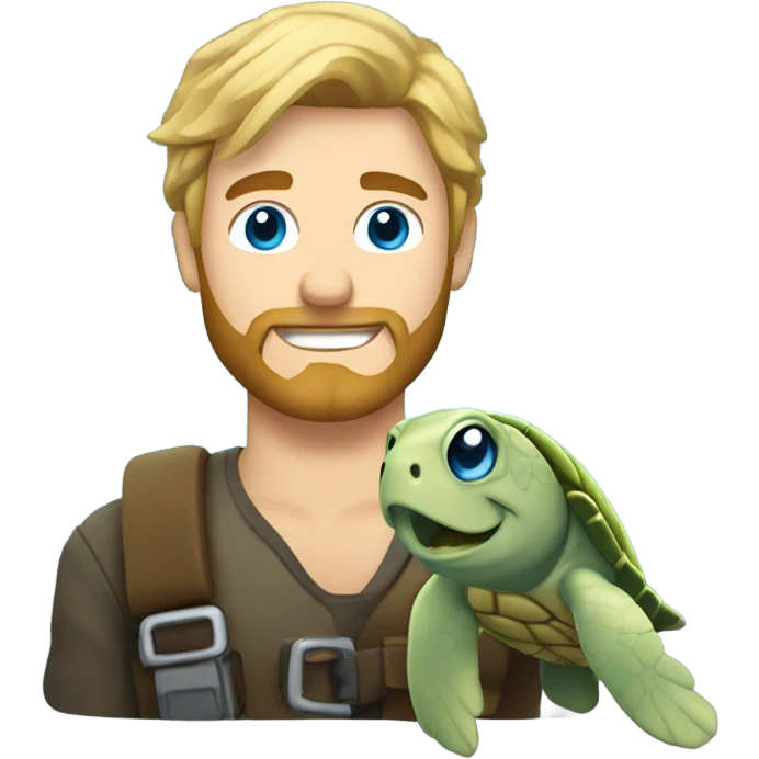 Bearded blond man with spikey hair and blue eyes holding a sea turtle  emoji