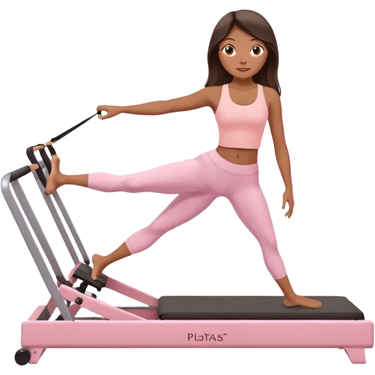a girl doing reformer pilates, she is wearing a pastel pink fit and she has dark straight and loose hair.  emoji