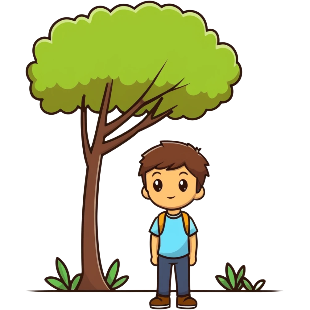 boy with brunette hair brown eyes and tree behind emoji