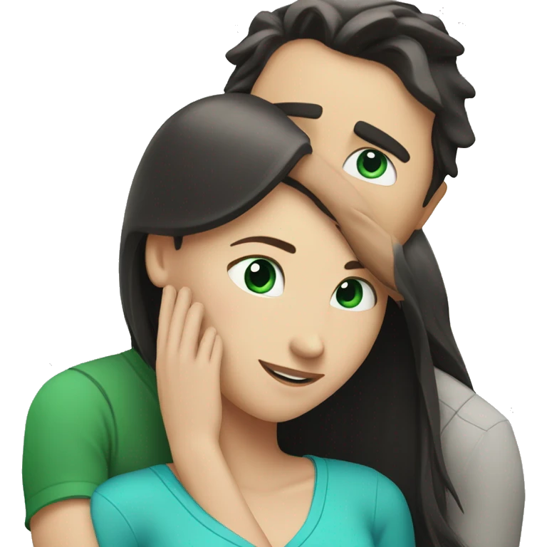 White man with blue eyes and BROWN hair hugging white woman with long straight black hair and green eyes emoji