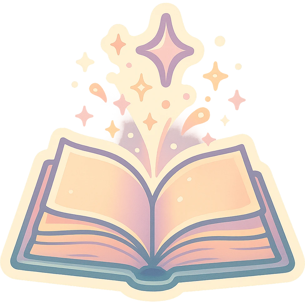 open book with magic, stars, glow, magical sparks, retro stickers style, pastel palette #98B5BC, #B5B3C1, #C9A3C9, #E4C0CA, #F7DCD1, #F7C0AA, detailed shadows and highlights, soft lighting, transparent background, no decorative elements emoji
