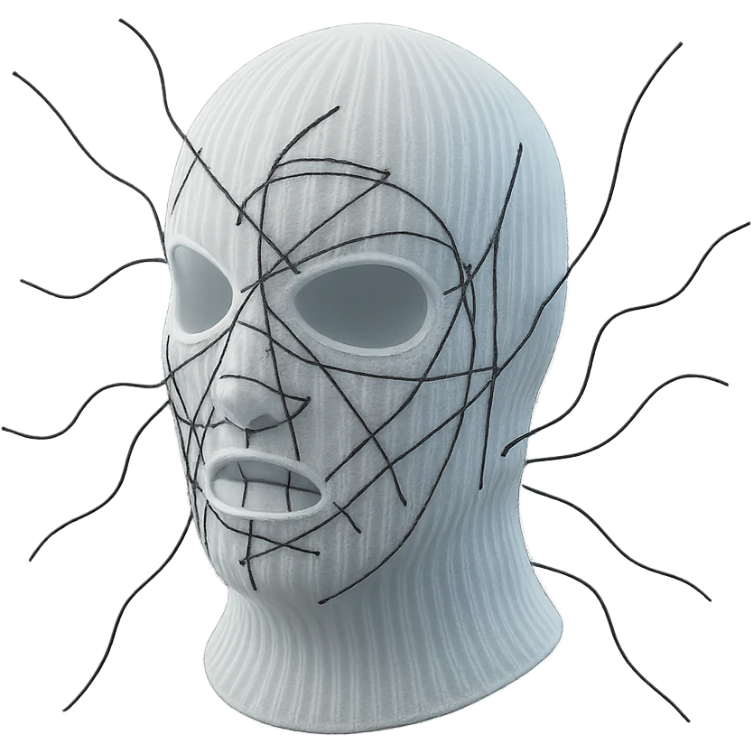 The mask is a full-head, white knitted balaclava with a tight ribbed texture. It features two asymmetrical eye openings and a partially exposed mouth area. Black thread is stitched across the surface in chaotic, abstract lines that trace facial features, giving a hand-drawn effect. Several black cords extend outward from the mask, varying in length and direction, adding a sculptural, almost organic appearance. The overall look is bold, handcrafted, and visually striking. emoji