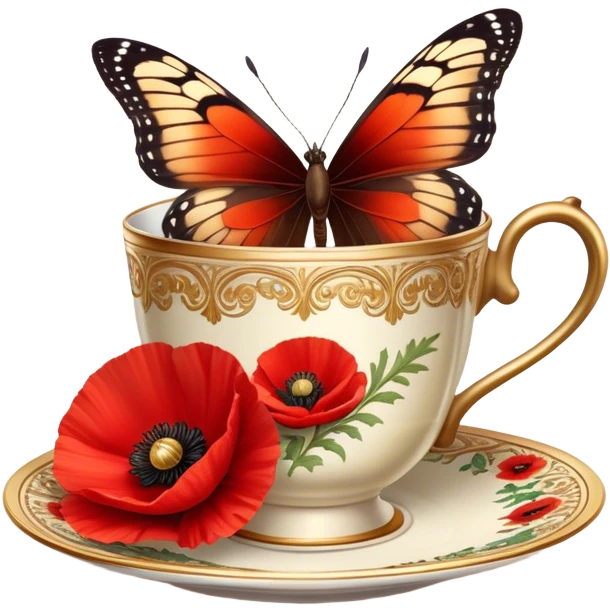 A warm-toned still life featuring a delicate brown butterfly resting near a red poppy flower and an ornate gold coffee cup. The composition exudes a vintage charm, bathed in soft golden light. emoji