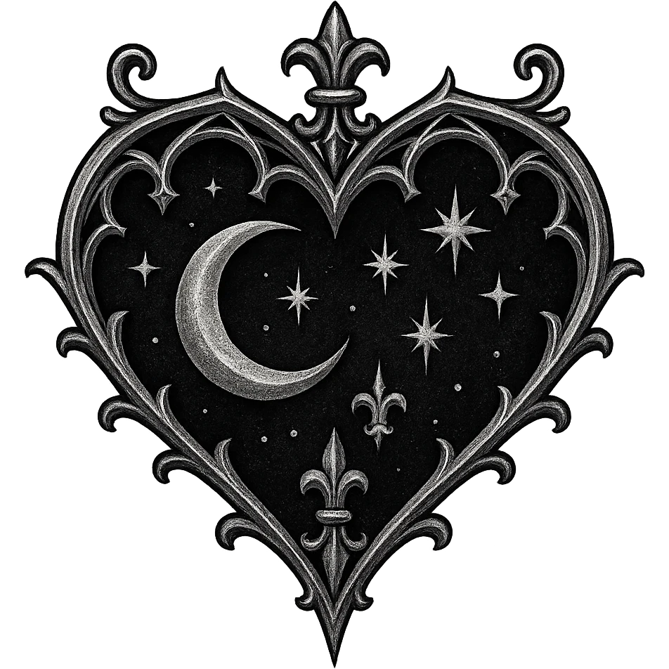 gothic style heart with a moon and stars, black and silver colors, transparent background emoji