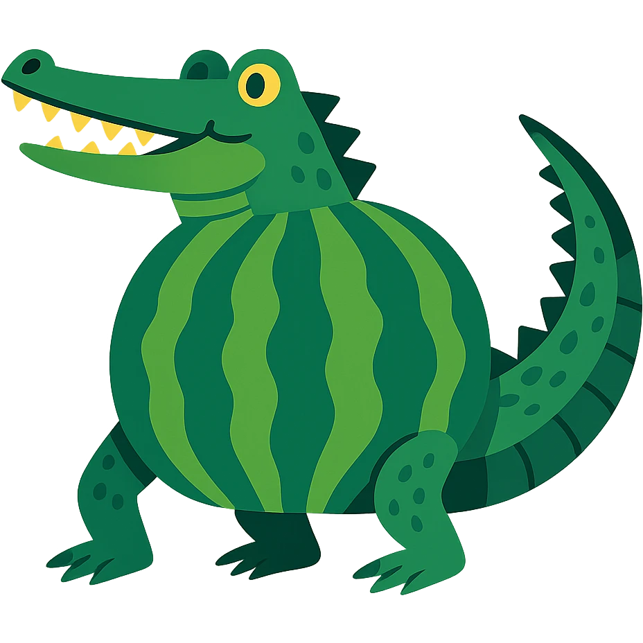 stylized crocodile with a green striped watermelon body, realistic crocodile tail and legs, fun and whimsical style emoji