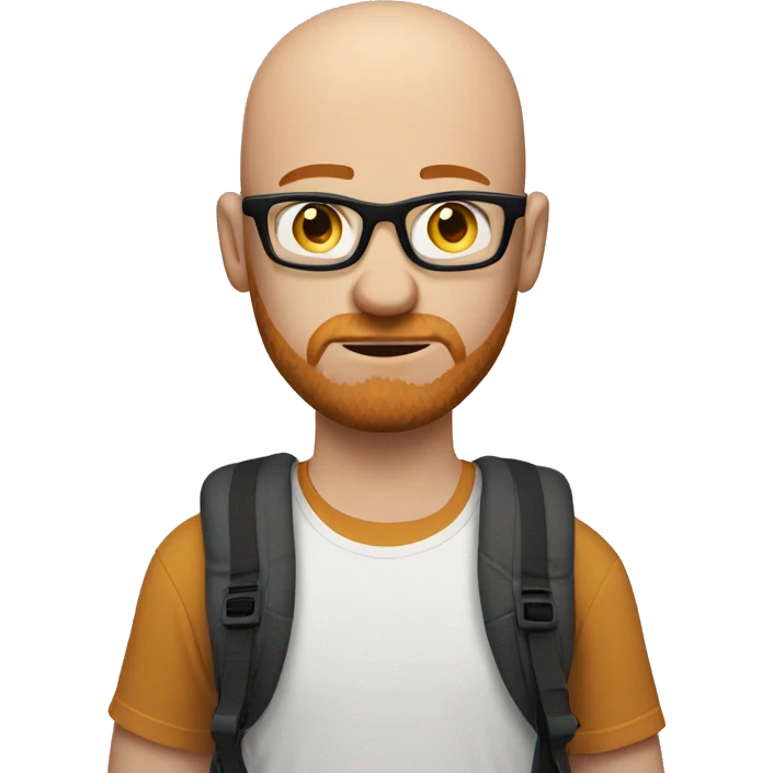 bald young man with ginger beard and black thin glasses, sad face, white t-shirt, backpack with action camera on his shoulder emoji