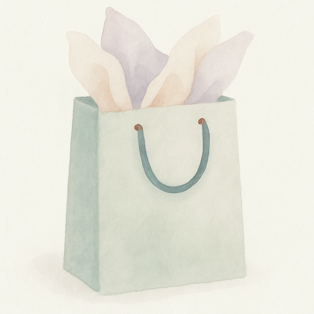 a gift bag with tissue paper in watercolor style emoji