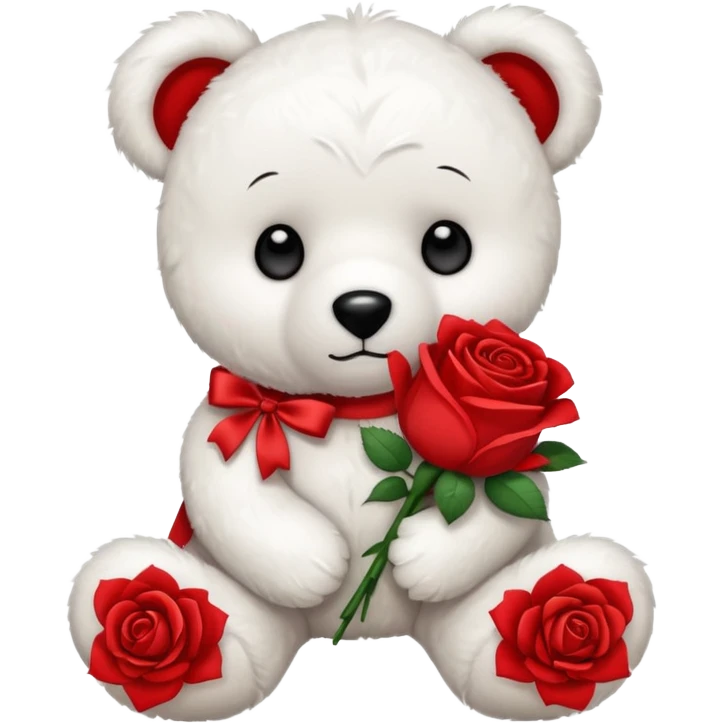 Cute white teddy bear with sad puppy dog eyes holding roses  emoji