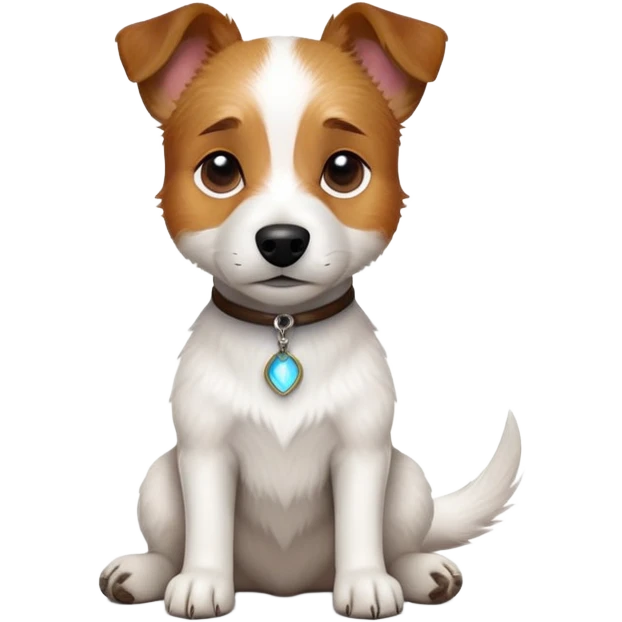 cinematic-[jack russel]-realistic-full-body-sitting-emoji,-tail-resting-loosely-beside-its-paws,-head-tilted-dramatically, -scruffy-[brown and white]-fur,-simplified-yet-realistic-focused-features,-highly-detailed,-glowing-with-an-almost-sarcastic-glow emoji