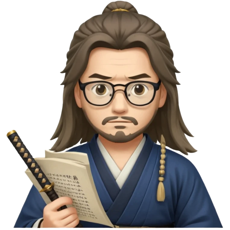 Long Haired Samurai with Glasses, Calm swordsman reading scroll with glasses emoji