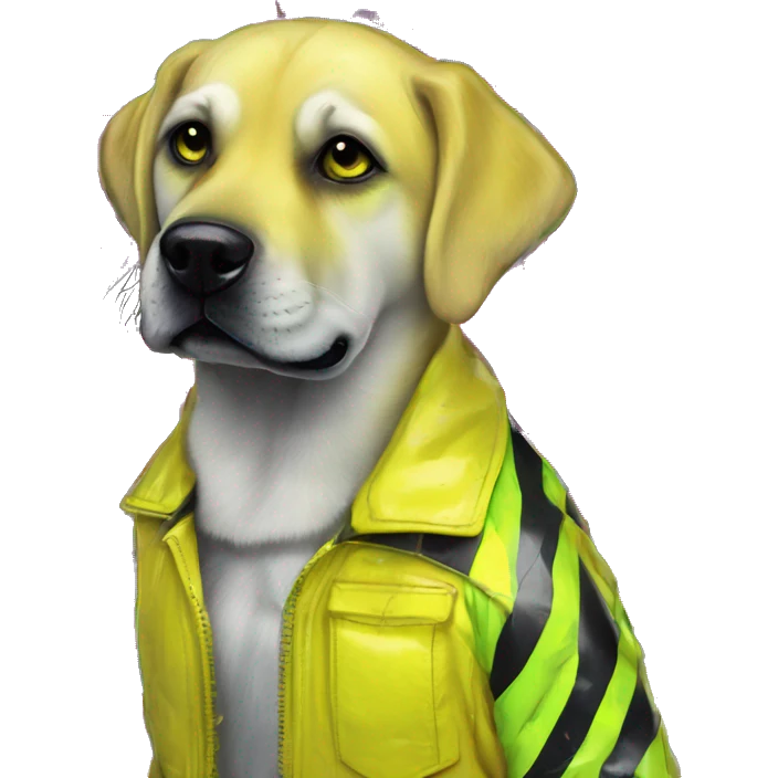 .Zombie_ Vaporwave black holographic oilslick zombie yellow Labrador zombie dog yellow caution tape graffiti stripes yellow and black stripes emoji