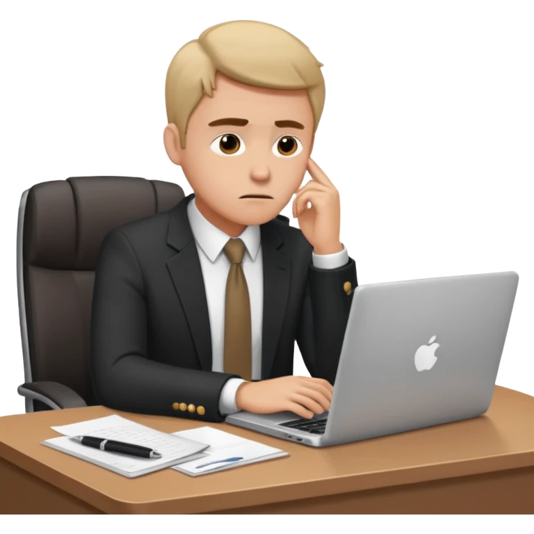 A man in corporate attire sitting at a desk, having fatigue while working on a laptop emoji