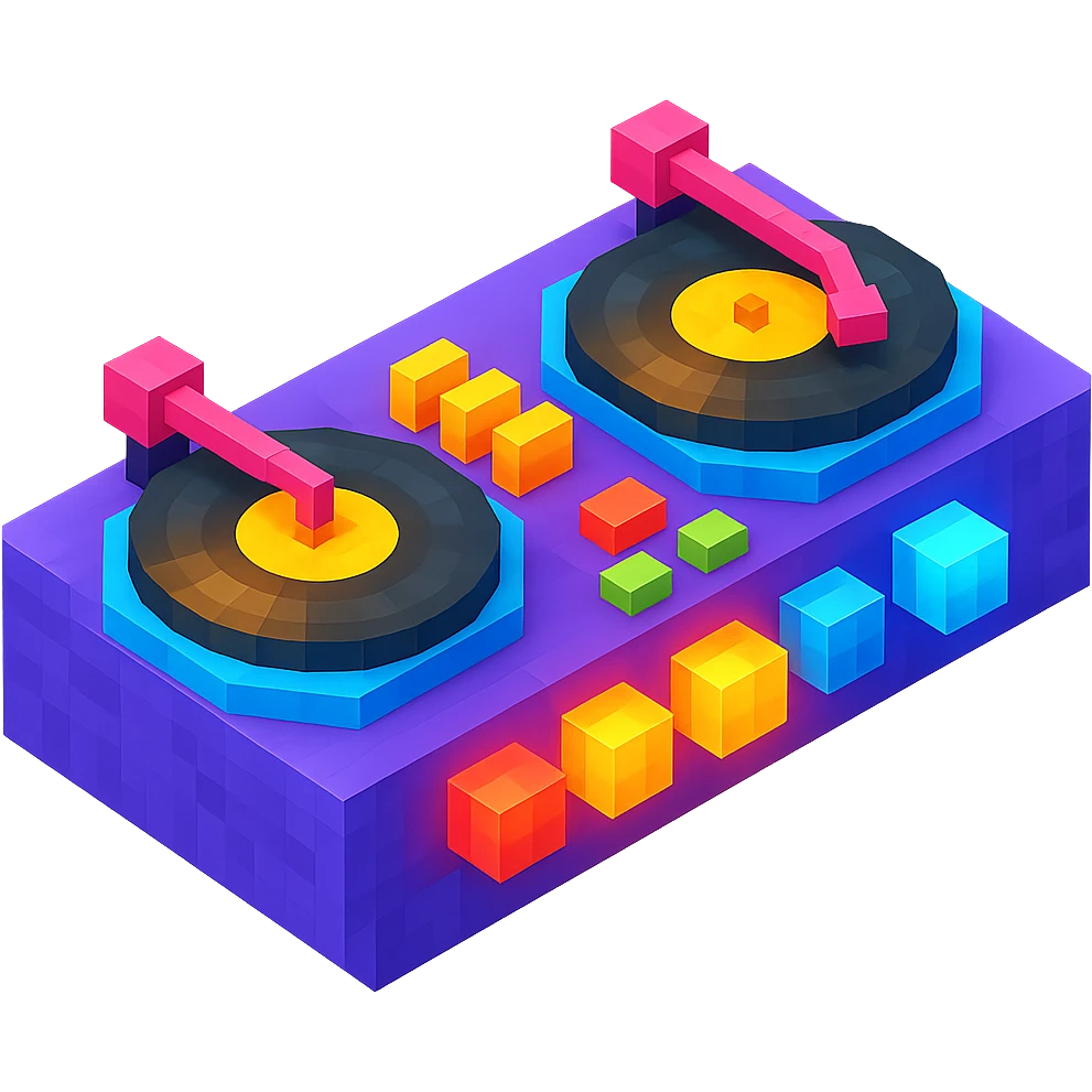 DJ turntables with glowing buttons and a retro vibe emoji