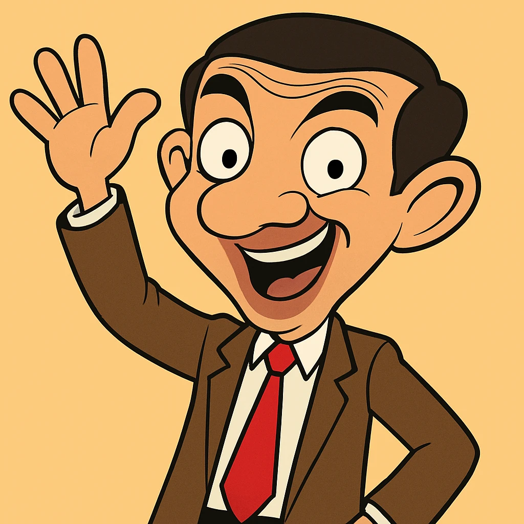 Happy Mr. Bean waving, cartoon style, vibrant and expressive character with clear joyful expression, colorful and lively illustration. emoji