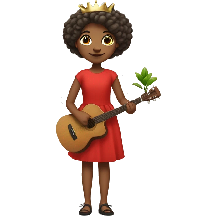 a girl who is a bit short with medium hair wearing a red frock with a potted plant in her one hand , paint brush in the other . musical notes all over . she should have a crown on her head  emoji