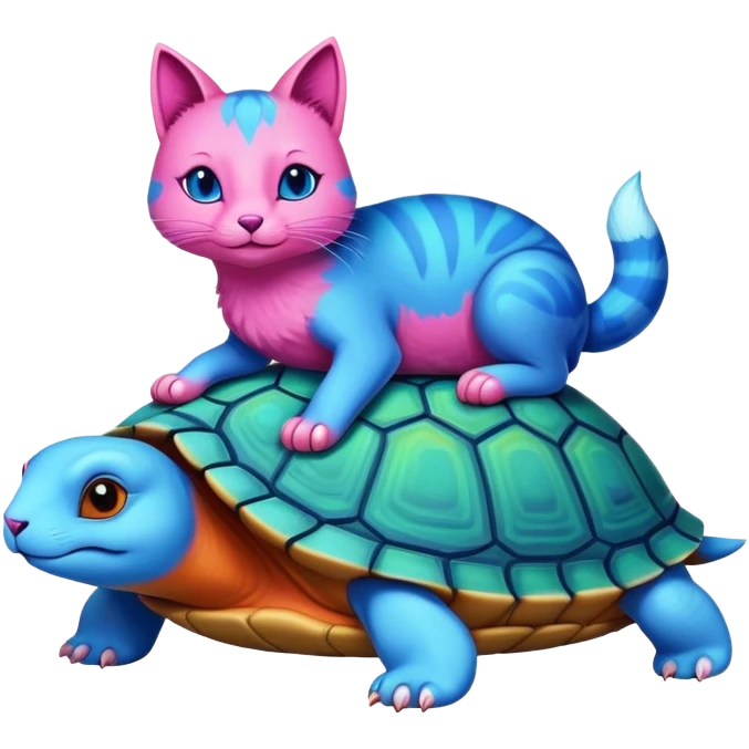 A blue cat turtle on top of a pink fox turtle emoji