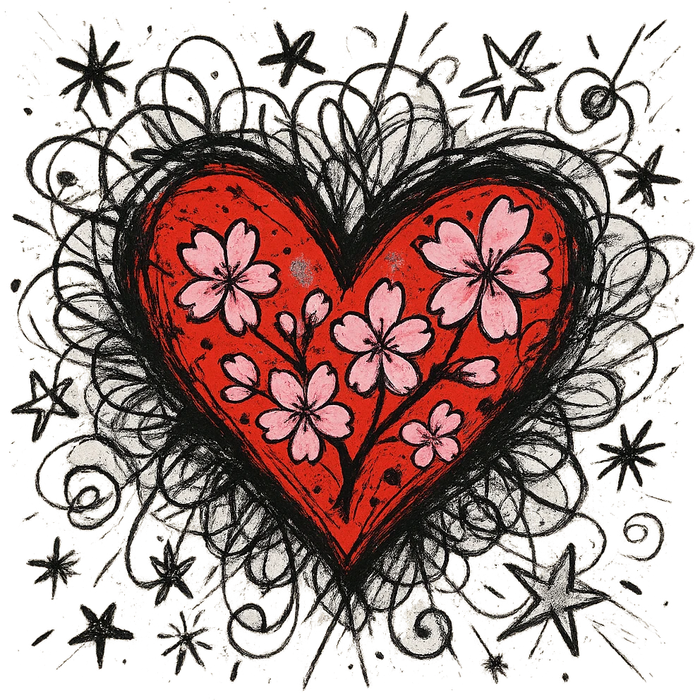 heart with sakura and silver accents, chaotic doodle style emoji