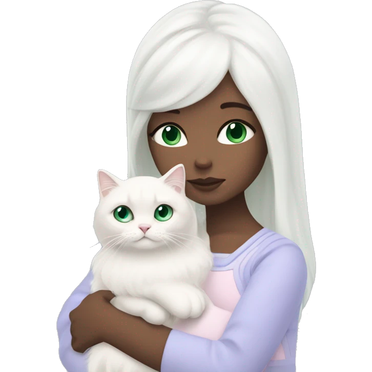 girl with very long black hair and green eyes and light pink outfit hugging a white scottish fold long hair blue eyes cat  emoji