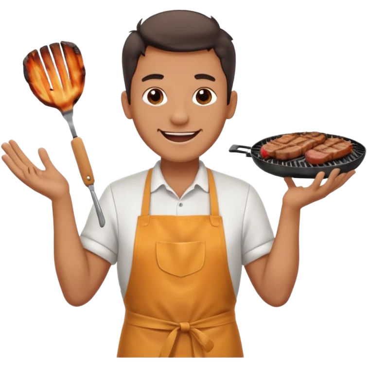 A cheerful man in an apron flipping meat on a sizzling grill with smoke puffing upward. emoji