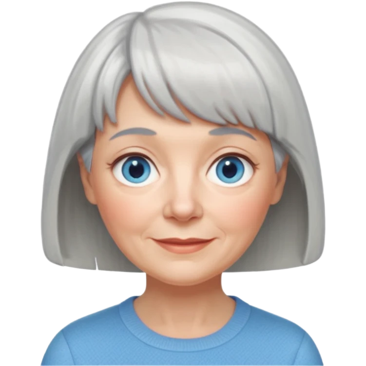 friendly older woman, gray hair with bangs and short hair, large light blue eyes, fair skin with subtle age lines, Apple Memoji style, digital, clean, soft edges, not caricature emoji