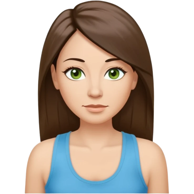 43 year old Adult woman avatar, light skin tone, long, oval face, long straight ashy brown hair, green almond-shaped eyes with dramatic eyelashes and minimal eyeliner, neutral mouth, medium straight eyebrows, small nose, smooth skin, sky blue tank top emoji