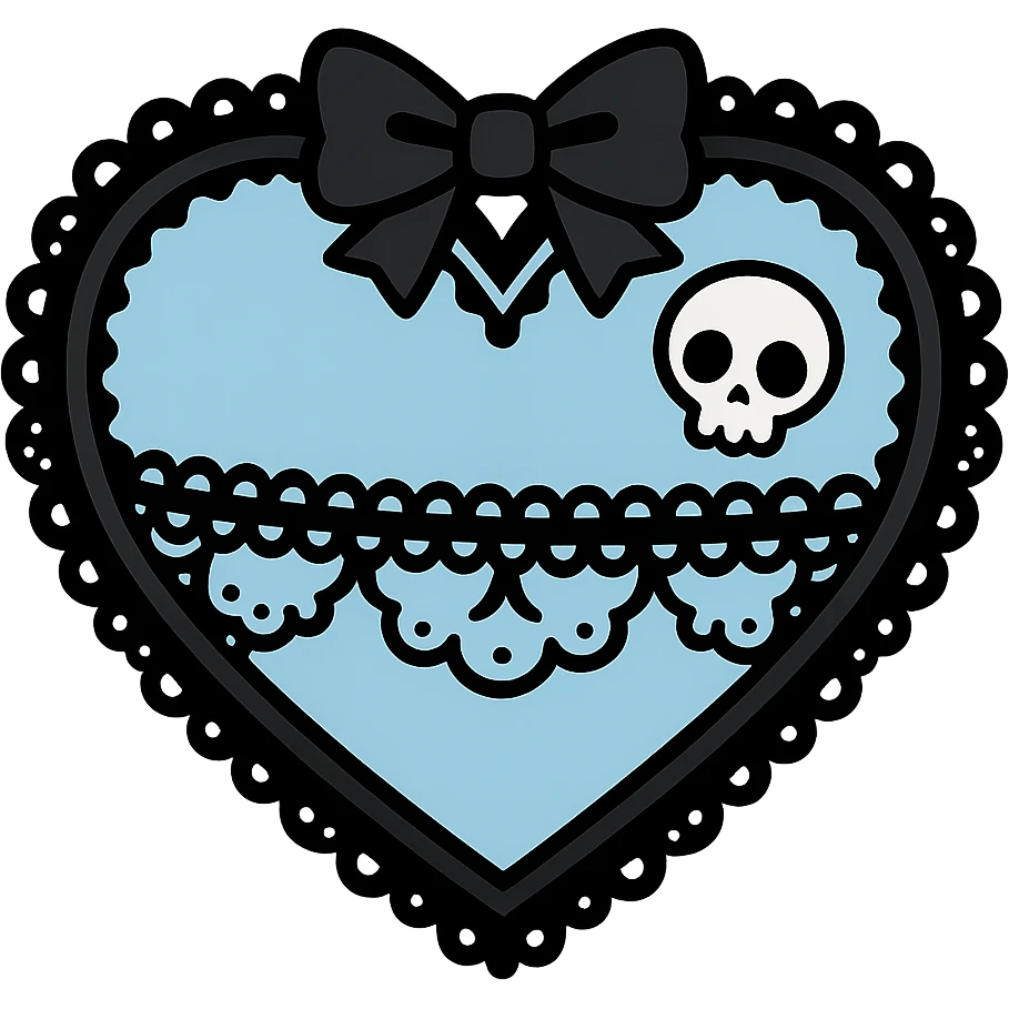pastel goth heart with lace and a tiny skull, baby blue and black, kawaii gothic style emoji