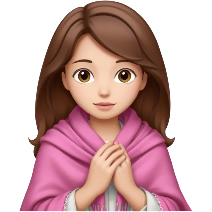 A girl with brown hair, wearing a pink shawl, has beautiful features and her hand rests on the shawl. emoji