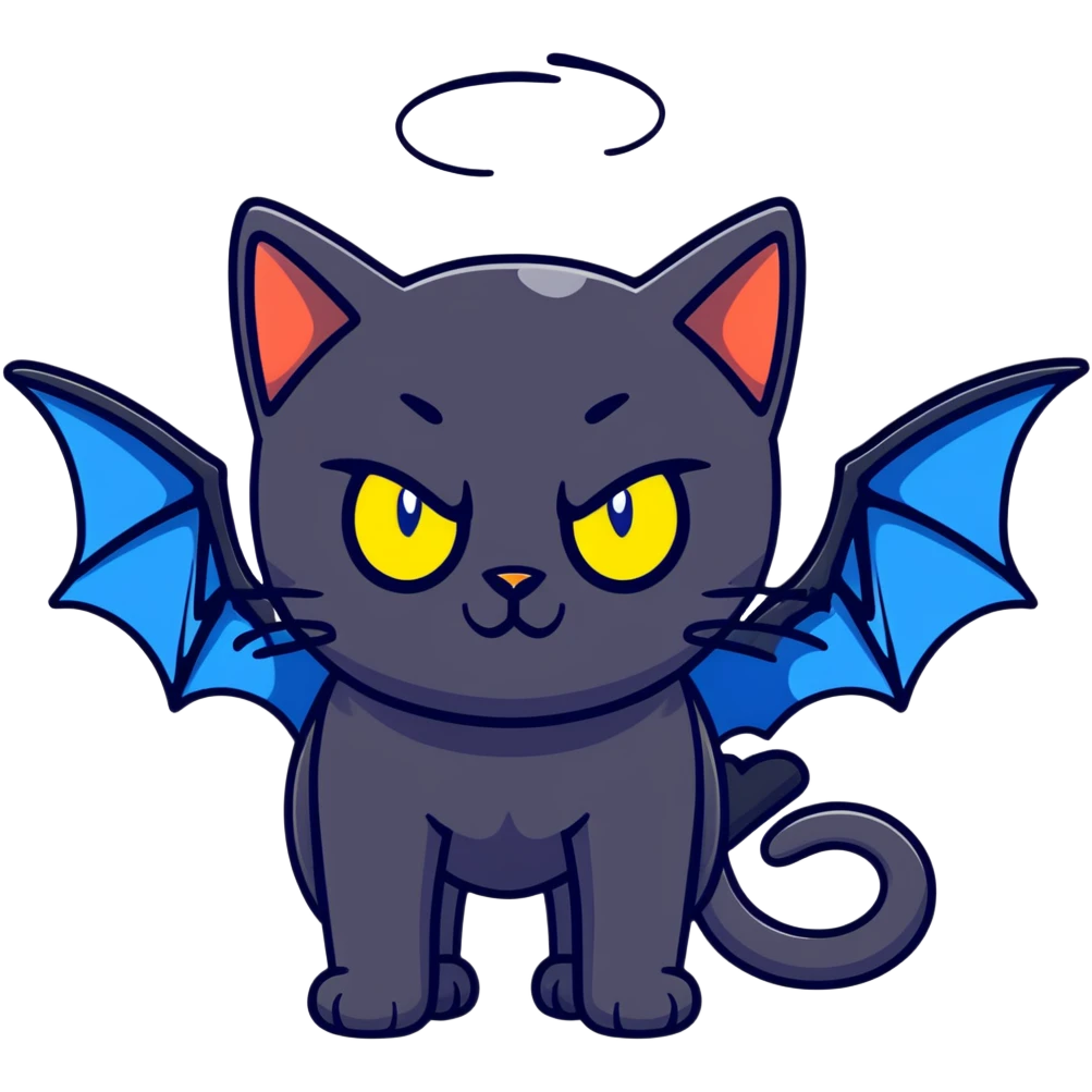 black cat with blue bat wings and glowing yellow eyes emoji