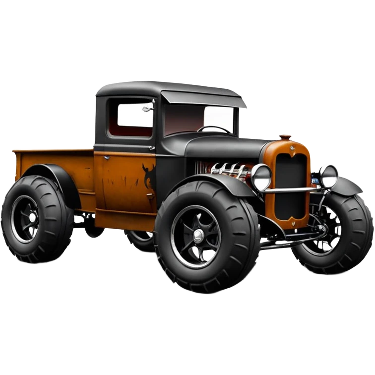 1:10 off-road pot-smoking rusting Basher style 1927 blackened tarnished hotrod rat rod streamlined anime vampire ghostly-glowing Dodge zombie infected extended-cab rc bulging monster pickup (extra wide low-profile pin tires chrome wheels with fenders) emoji