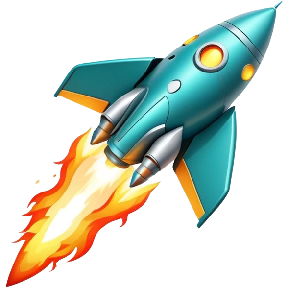robotic teal spaceship launching to the right with rocket flames emoji