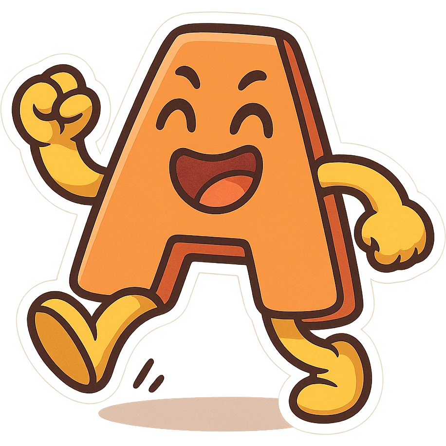 letter A in comic style with arms and legs, making a funny movement, bright colors, transparent background emoji