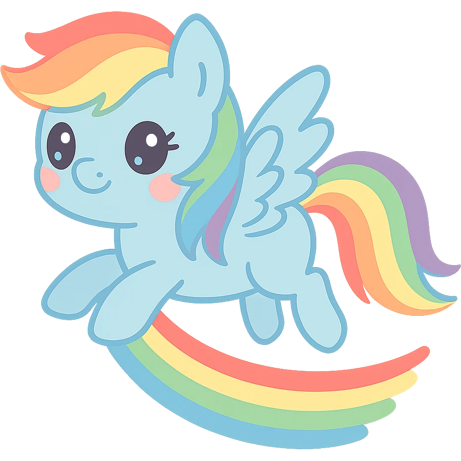 Rainbow Dash from My Little Pony, flying with rainbow trail, cute style emoji