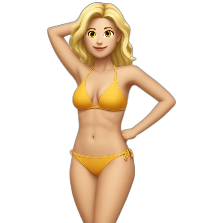 Soft-fit Caucasian woman bikini abs (hands-in-hair pose) (full body) couch emoji