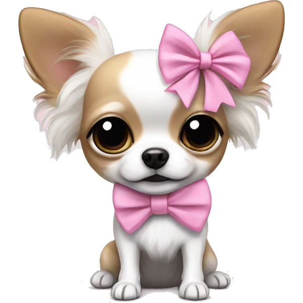 white with black and white long haired chihuahua with white stripe on forhead a cute pink bow emoji