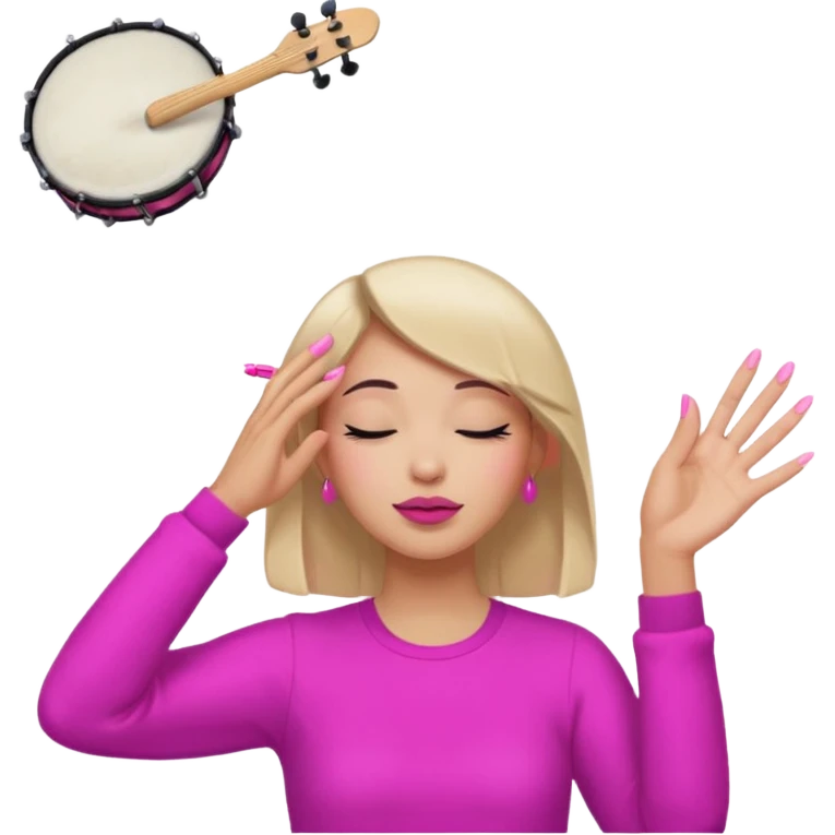 Yellow circle emoji sighing and drumming fingers up the side of their head the eye is closed it is a side profile pink lipstick and pink nails emoji