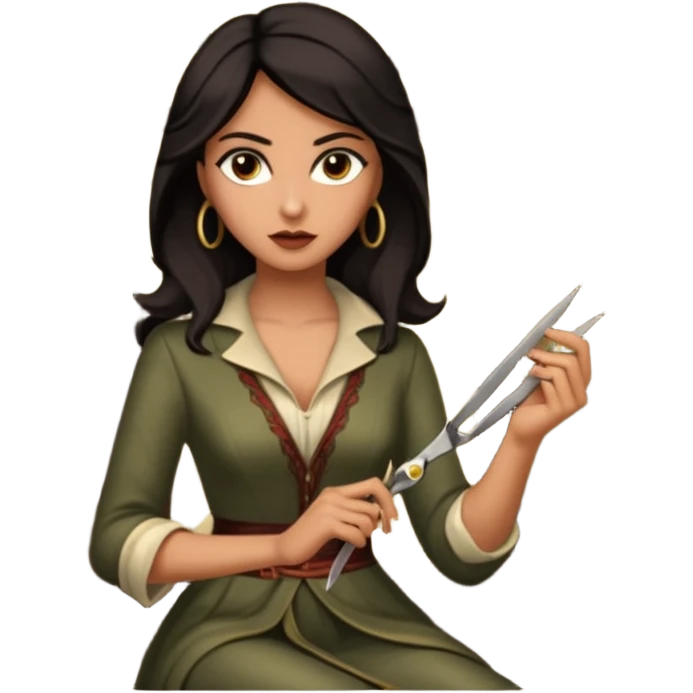 Delilah, a beautiful Philistine woman with dark hair and elegant clothing, seated in a dimly lit room. She has a cunning, seductive expression as she holds a pair of scissors, symbolizing her betrayal of Samson. emoji
