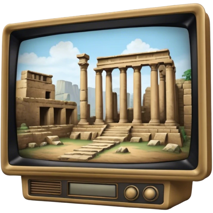 Icon for Documentary Film (TV style): A large TV screen with a host presenting in front of video footage showing ancient ruins. The design should evoke a vintage TV broadcast with historical content, complete with a clear view of the host and the ruins behind. Transparent background. emoji