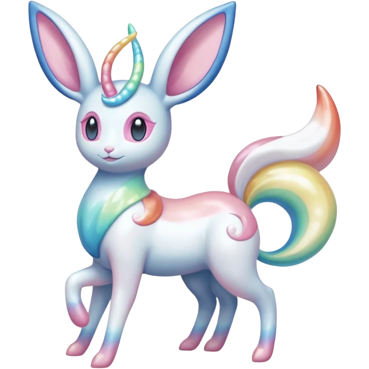 Pearlescent Milky-White Opalescent Rainbow-Tinted Soft-Glowing Celestial Sylveon-Milotic-Cresselia-Fakémon-creature (full body) emoji