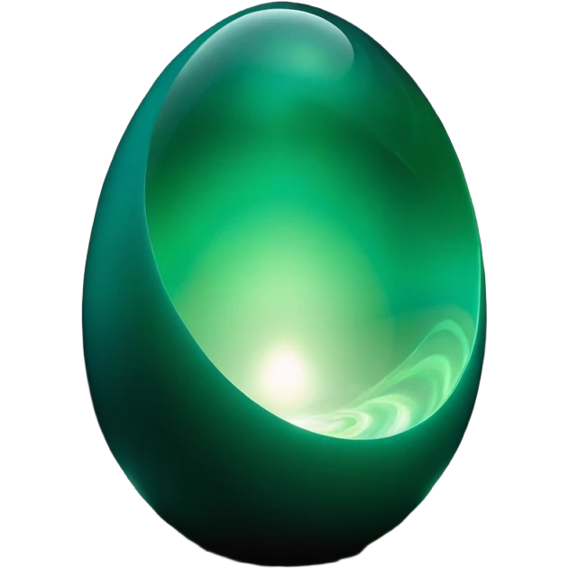 A surreal, glowing alien egg or orb suspended in darkness. The object is oval-shaped with a smooth, almost translucent white surface and subtle iridescent gradients. At the center, there is a bright, intense green light source emitting an eerie glow, giving the appearance of a core or energy source. Around the green core, dark cloudy textures swirl within the egg, creating a mysterious, cosmic vortex-like effect. The background is completely black, making the glowing object appear isolated and powerful. emoji