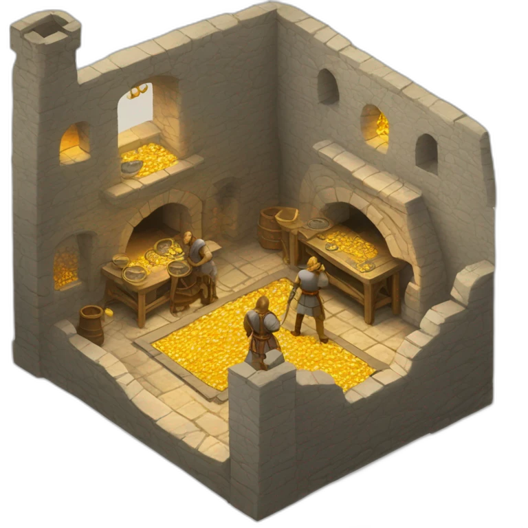 open floor plan of a medieval mint showing different people working, one person on the furnace, some people molding liquid gold into coins emoji