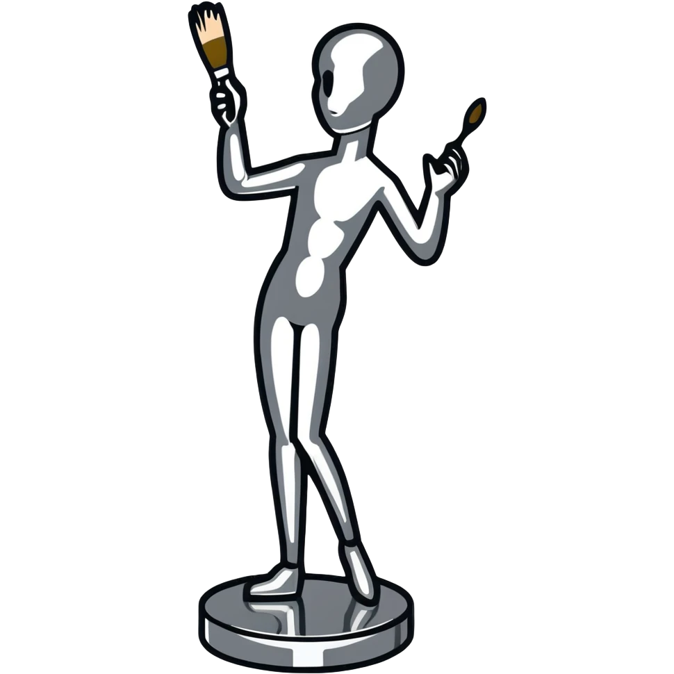 A paintbrush transforming into a silver human silhouette sculpture, symbol of artistic identity, with a gleaming silver metallic finish emoji