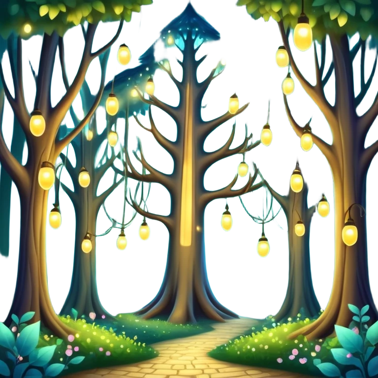enchanted forest with tall whimsical trees and sparkling lights, fantasy atmosphere emoji