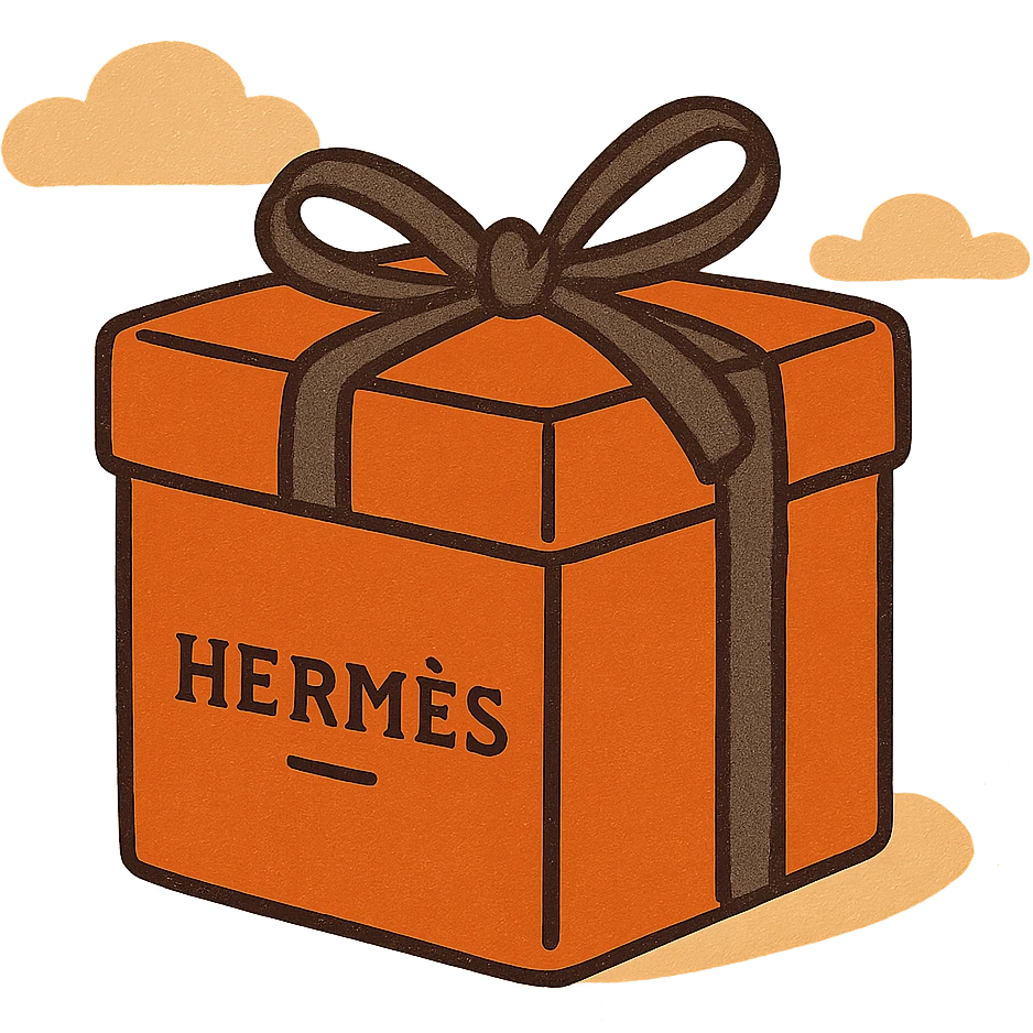an orange Hermès box with a black ribbon tied in a bow, luxury packaging, minimal style, on transparent background emoji