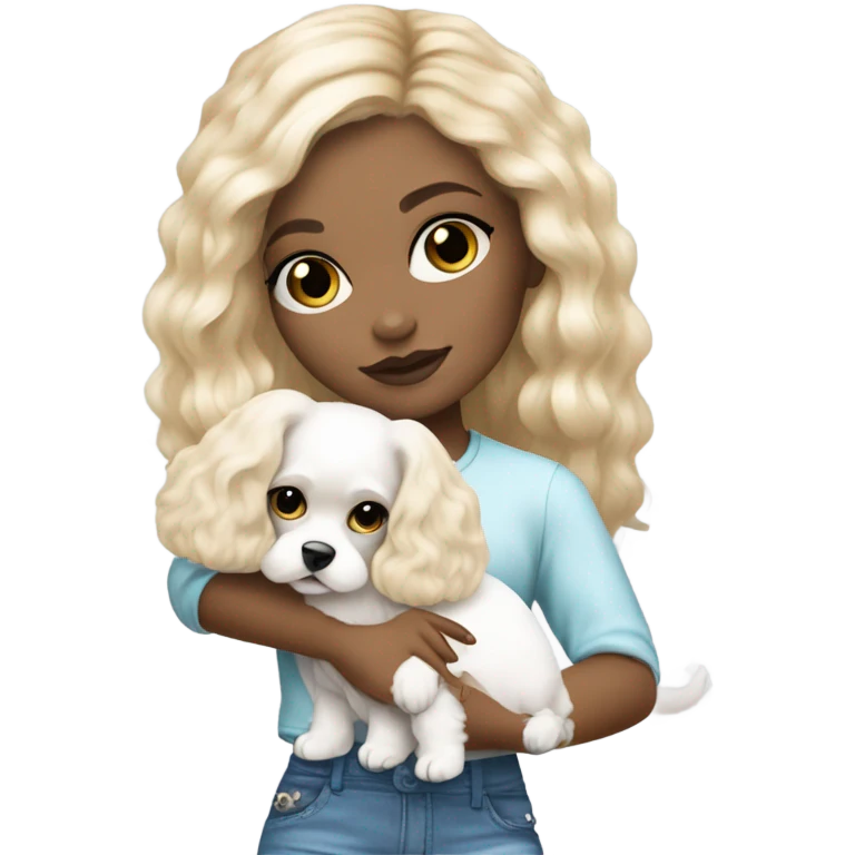 Cute long haired Blonde and blue-eyed girl fashion nightclub outfit and holding white cavachon dog emoji