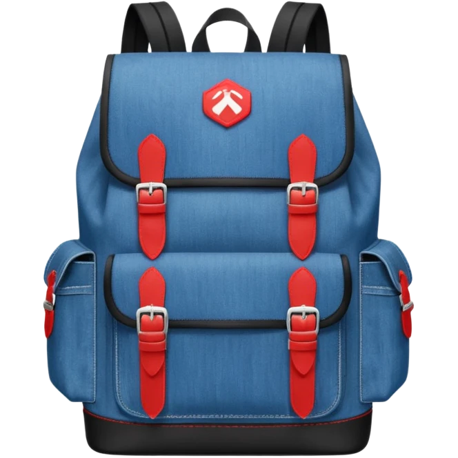 a blue denim backpack with a flap top, two vertical *black buckle straps* on the front. The backpack has two side pockets and a soft square shape. at front pocket bottom side, red and white two divided logo like tommy hilfiger 

 emoji