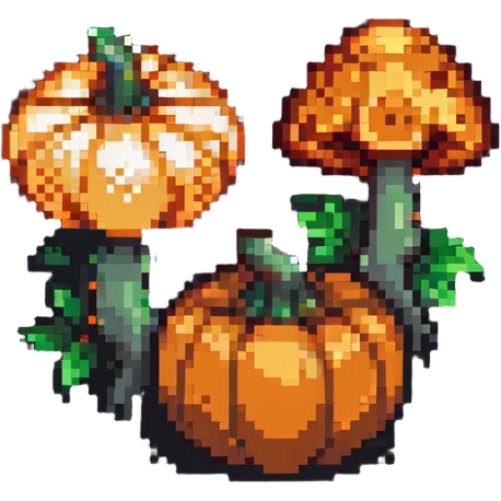 heart with a mushroom on one side and a pumpkin on the other, pixel art style emoji