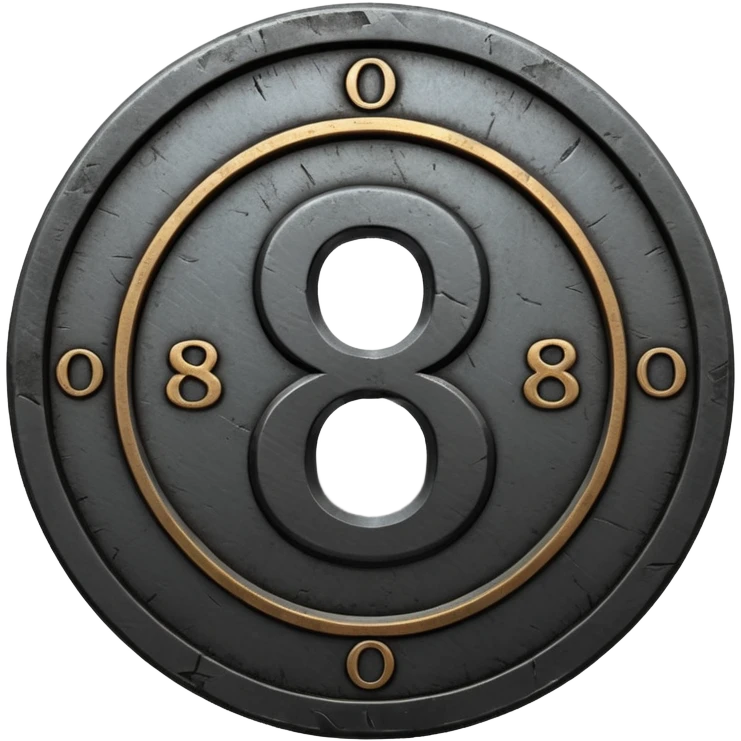 Minimal emoji, gothic metal coin made of black steel, engraved number 8 at the center, ancient industrial aesthetic, worn metal texture, no glow, no neon, flat emoji design, centered, transparent background emoji