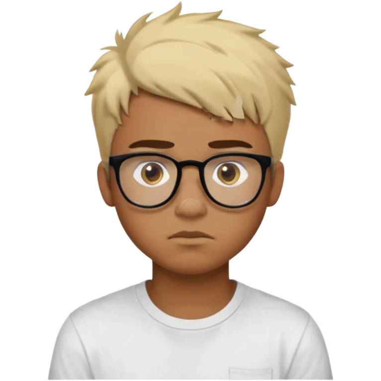 Teenager. Short buzz, messy blonde hair. Dark brown bushy eyebrows large expressive golden-brown eyes, brown skin color, scar over nose, wearing a plain white t-shirt. wearing clear thick black glasses. 20 year old male. thinking facial expression. brown skin color.  emoji