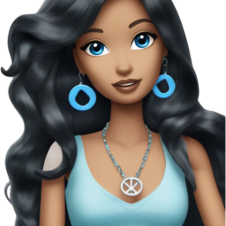 Barbie long black hair blue eyes giving a peace sign emoji